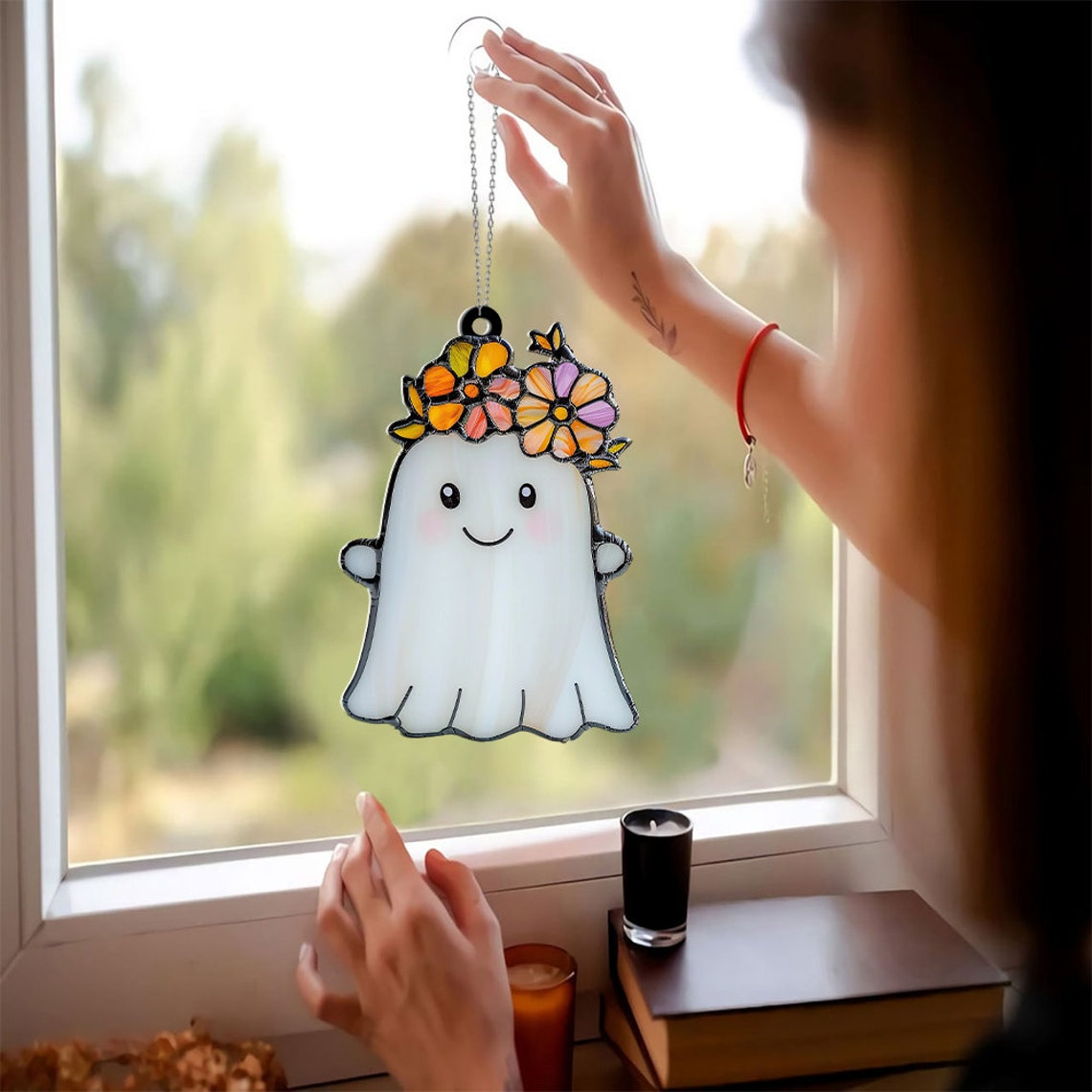 Cute Ghost With Flowers Crown Pretty Suncatcher, Ghost Flower Hanging Ornament