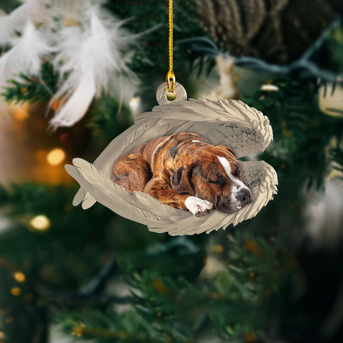 Brindle Staffy Dog Sleeping Angel Wings Ornament Christmas, Cute Staffy Dog Christmas Ornament