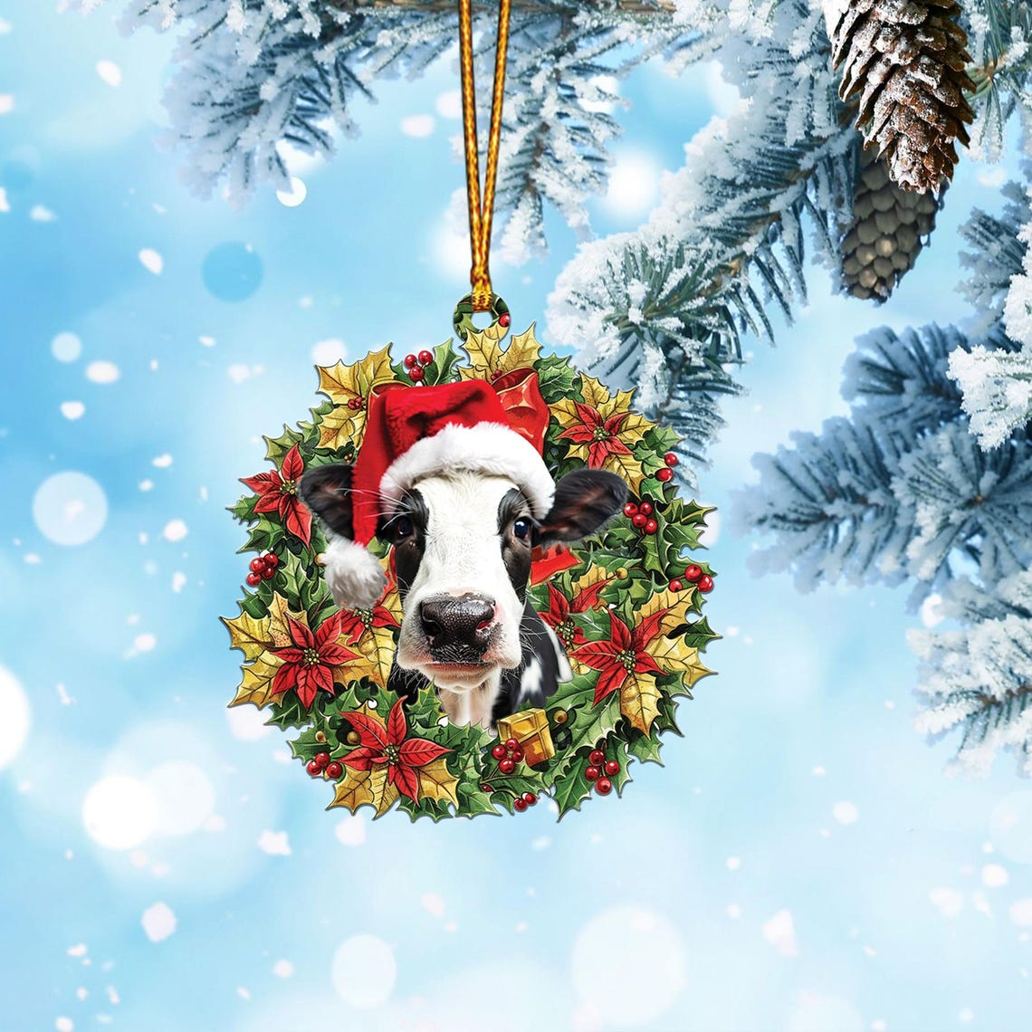 Cow and Christmas Wreath Ornament Decor, Christmas Cow Lovers Hanging Ornament Gift