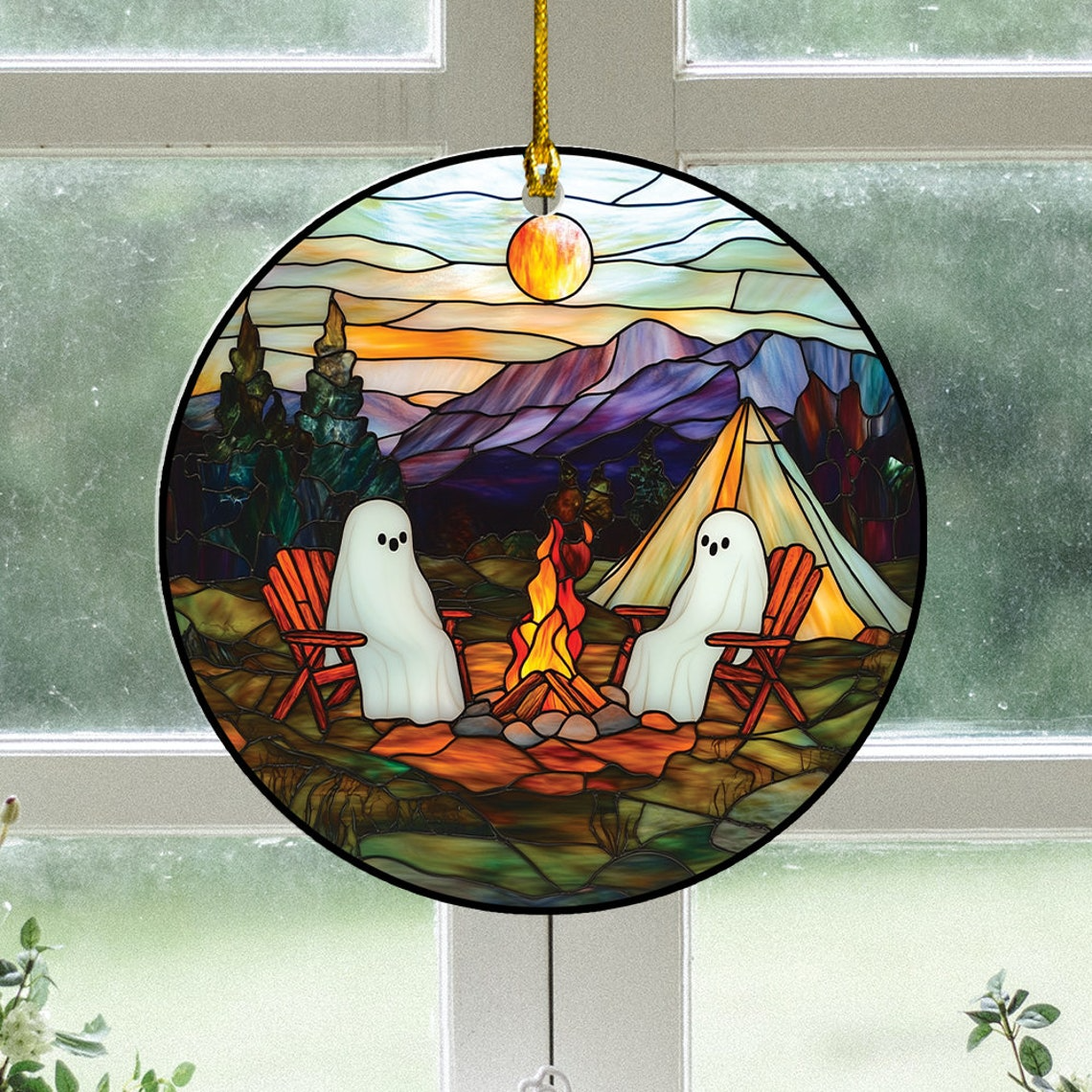 Couple Ghost Camping Hanging Suncatcher, Ghosts Camping Ornament Home Decor