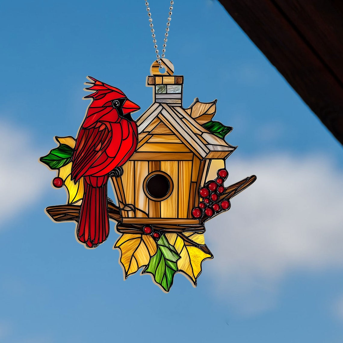 Cardinal House Suncatcher Ornament, Cardinal Christmas Ornament