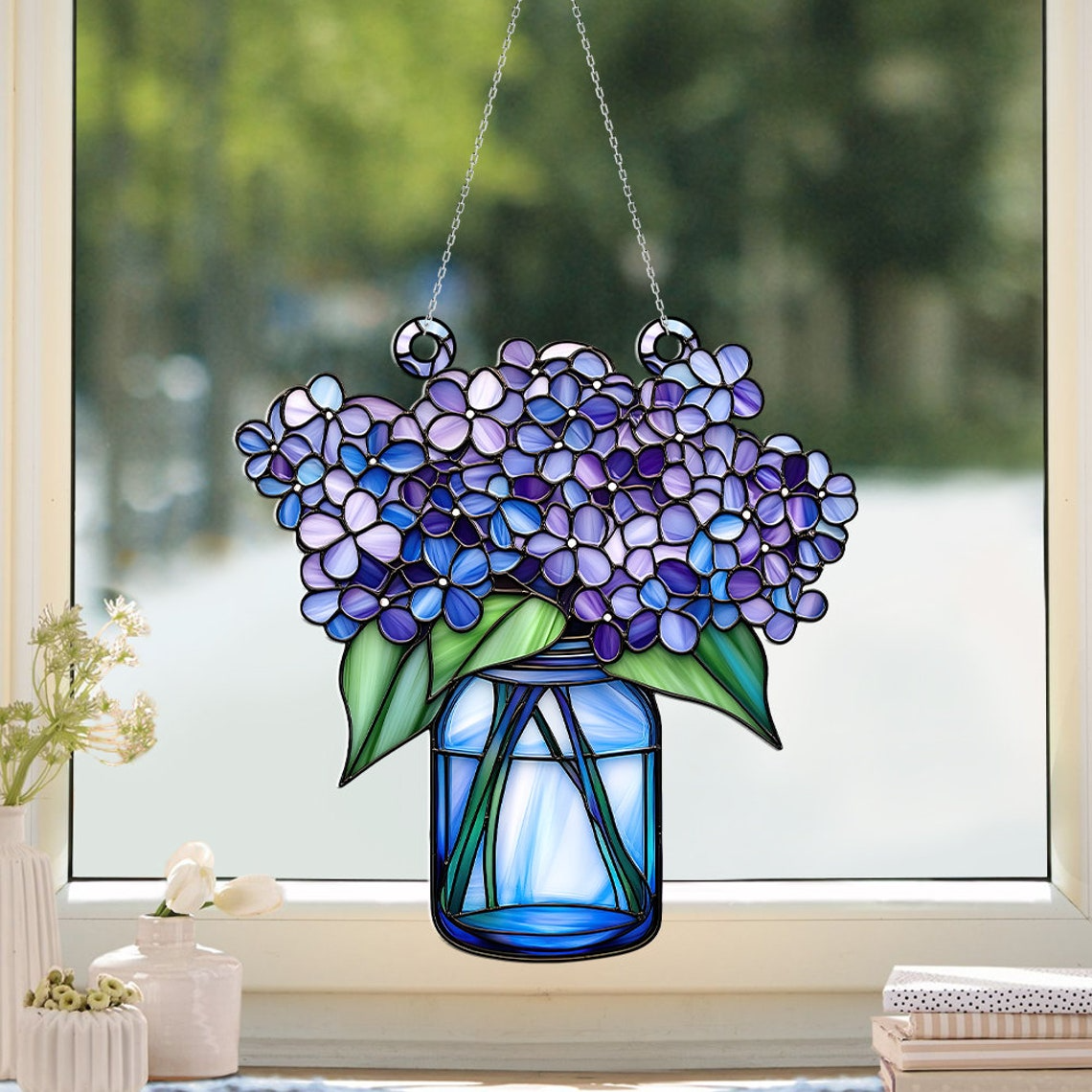 Lilac Flowers of Jar Suncatcher Ornament, Lilac Flower Acrylic Window Hanging Decor Home