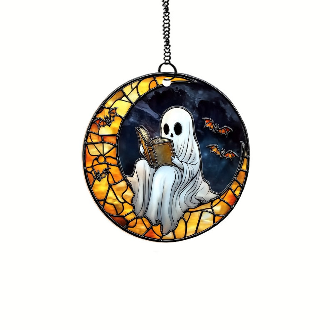 Ghost Reading Book on the Moon Suncatcher, Spooky Ghost Window Hanging Decor