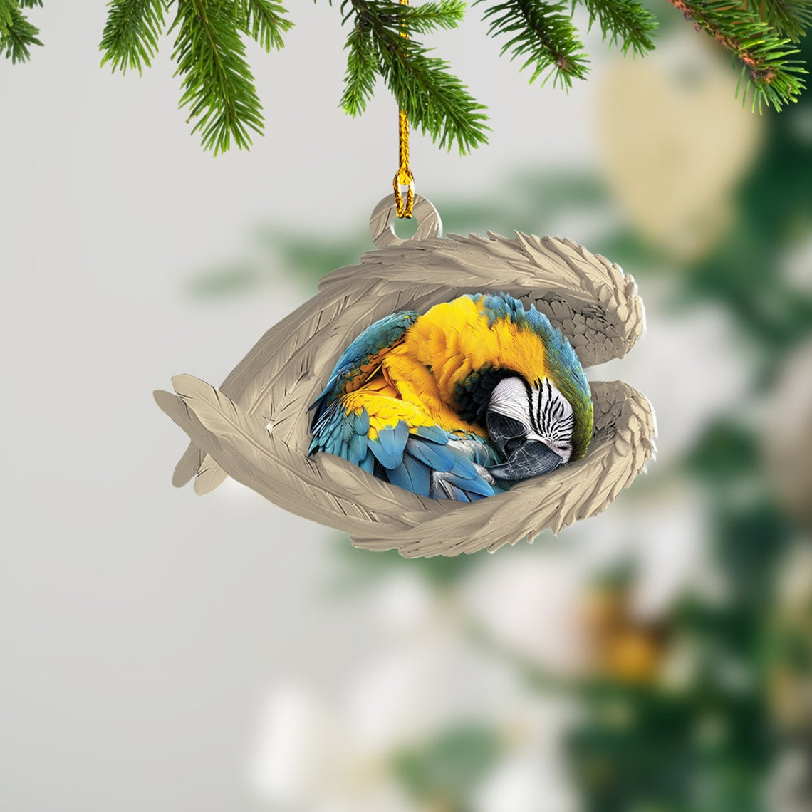 Blue Gold Macaw Angel Wings Ornament, Blue Gold Macaw Car Hanging Ornament Christmas Gift