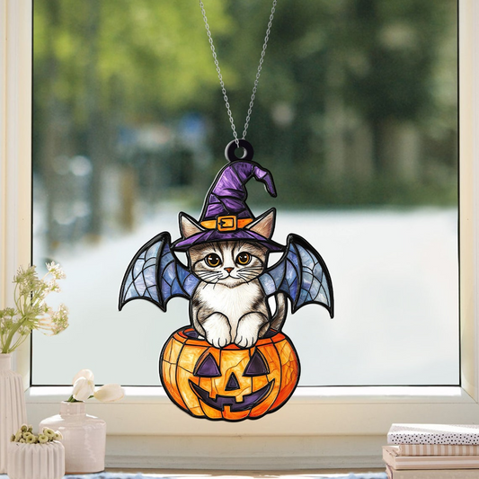 Cat Witch Pumpkin Halloween Suncatcher, Cat Witch Pumpkin Hanging Ornament