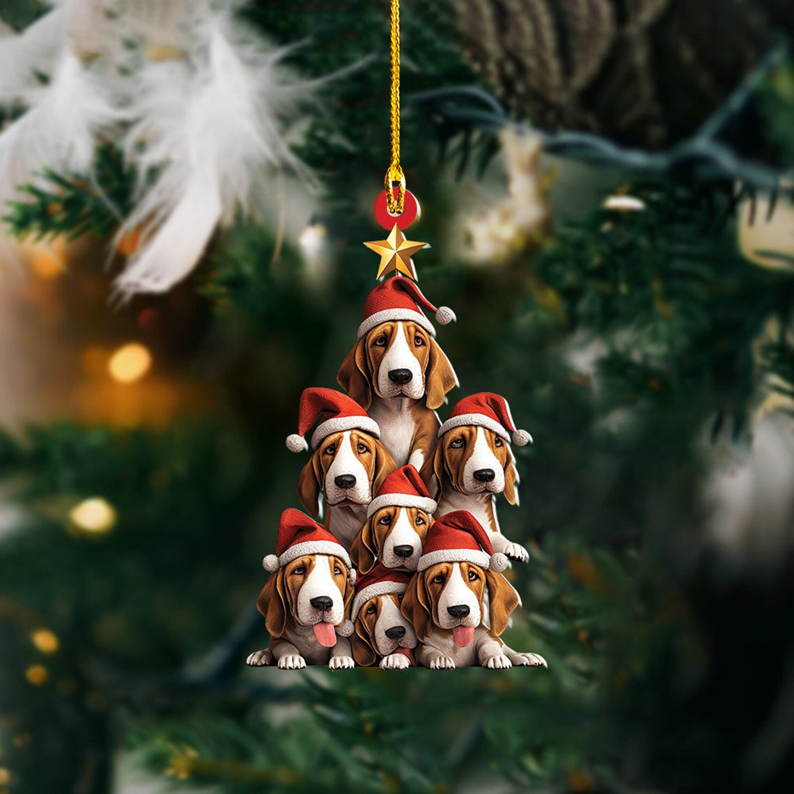 Basset Hound Dog Christmas Tree Ornament, Cute Dog Rearview Mirror Car Christmas Ornament