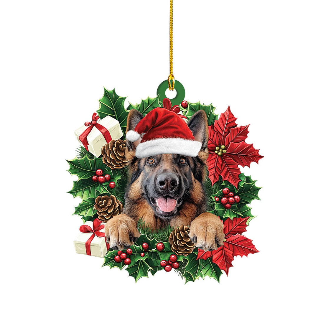 German Shepherd Dog Christmas Wreath Ornament, German Shepherd Dog Christmas Ornament