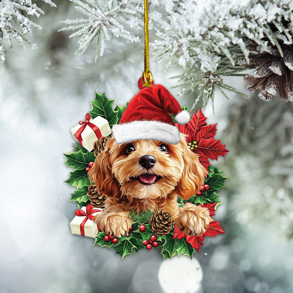 Cockapoo Dog Hanging Christmas Wreath Ornament, Cockapoo Dog Car Christmas Ornament Gift