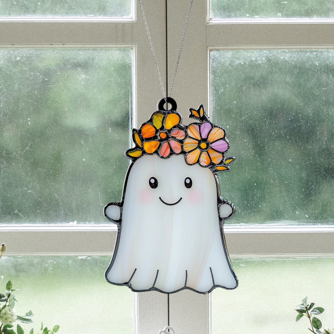 Cute Ghost With Flowers Crown Pretty Suncatcher, Ghost Flower Hanging Ornament