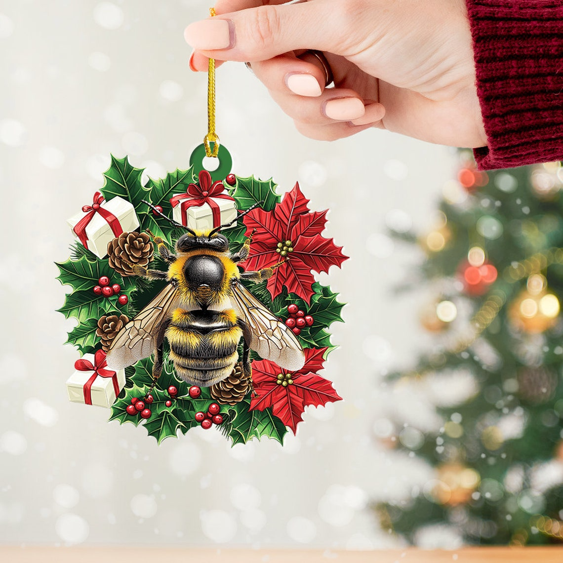 Unique Bee Christmas Wreath Ornament, Ornament Bee Rearview Mirror Car Hanging Christmas Decor