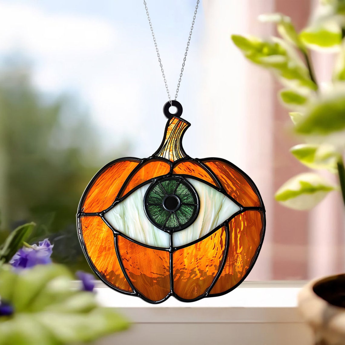 Pumpkin Autumn Hanging Suncatcher, Classic Halloween Pumpkin Ornament Decor Gift