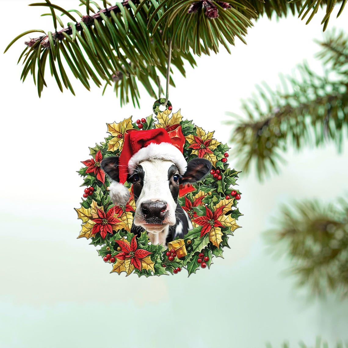 Cow and Christmas Wreath Ornament Decor, Christmas Cow Lovers Hanging Ornament Gift