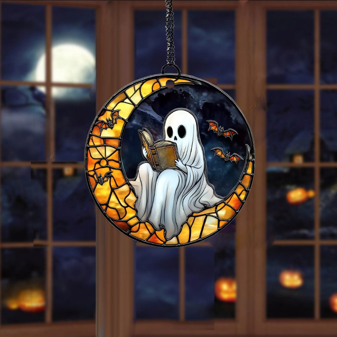 Ghost Reading Book on the Moon Suncatcher, Spooky Ghost Window Hanging Decor