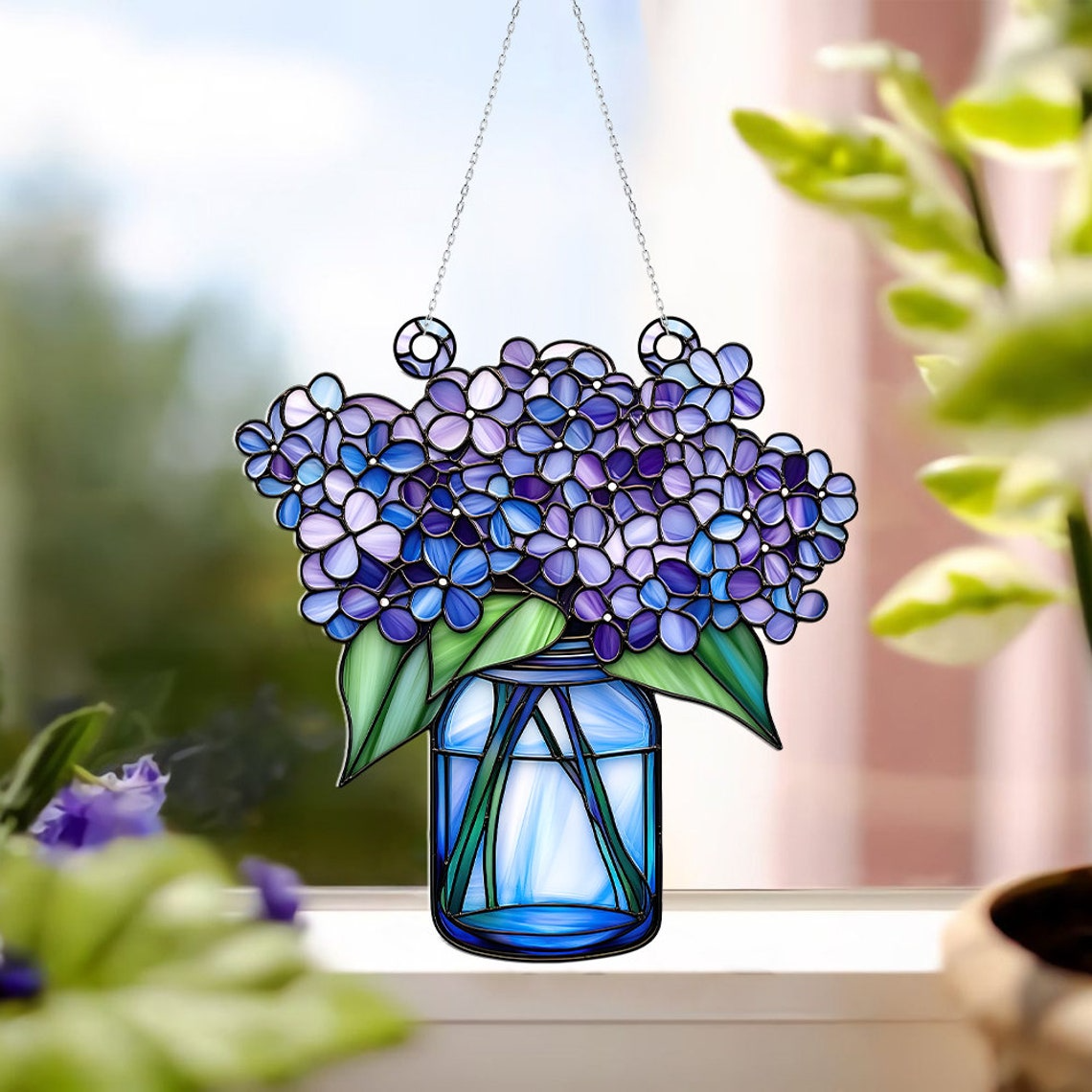 Lilac Flowers of Jar Suncatcher Ornament, Lilac Flower Acrylic Window Hanging Decor Home