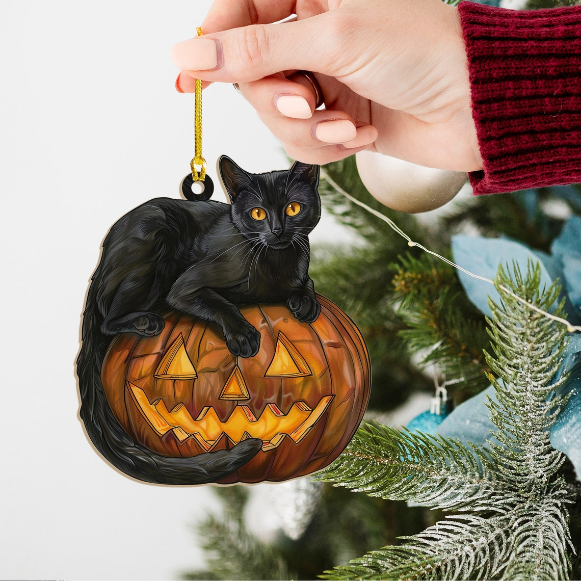 Cat Pumpkin Halloween Hanging Suncatcher, Halloween Cat Pumpkin Decor Home Ornament