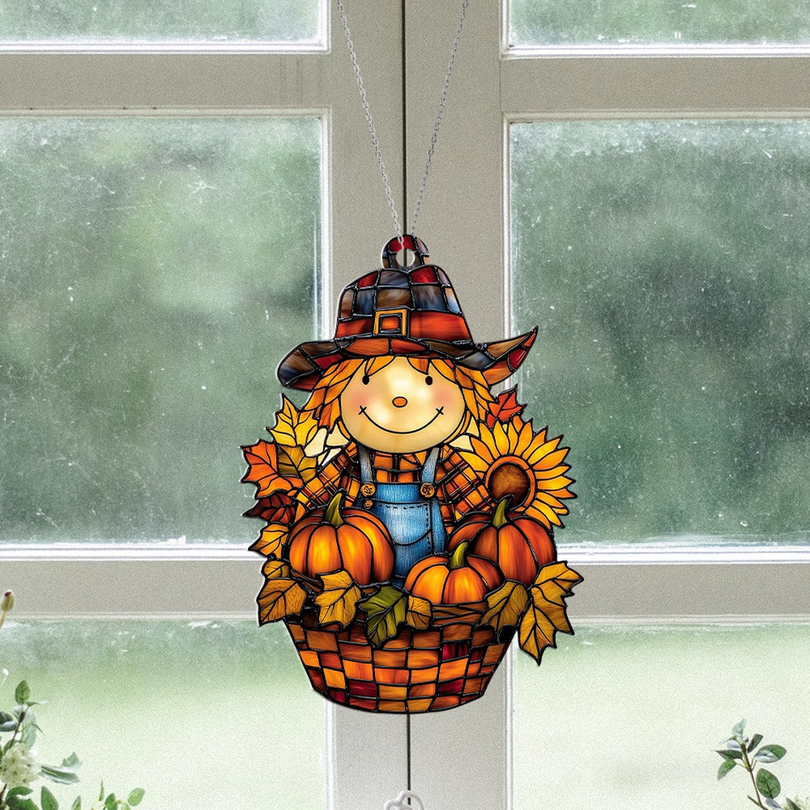 Scarecrow Boy Autumn Suncatcher, Scarecrow Pumpkin Hanging Ornament