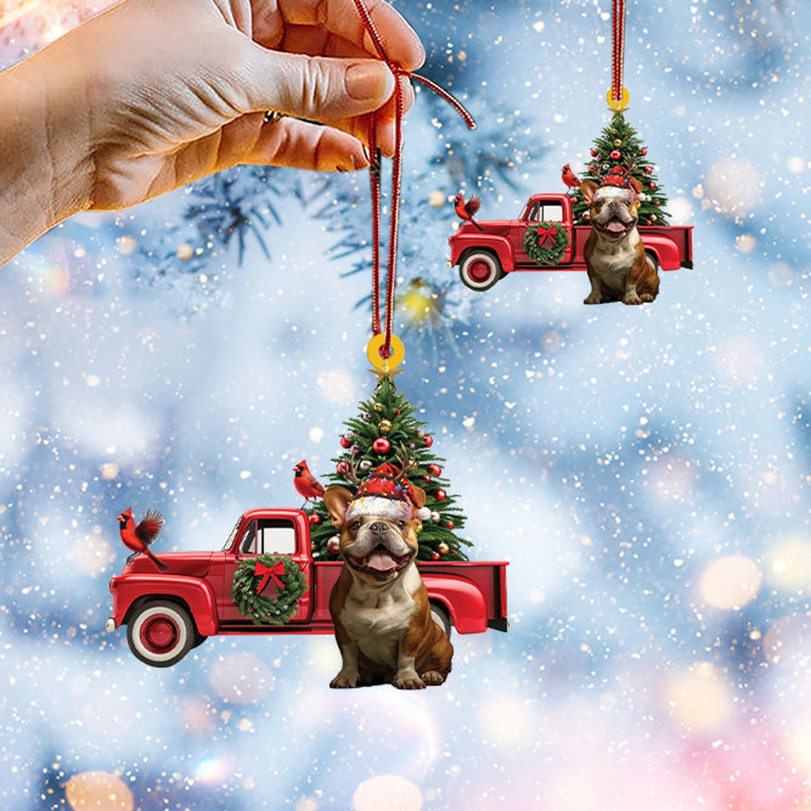 Cute Bulldog Red Truck Christmas Ornament, Lovely Bulldog Christmas Ornament Gift Holiday