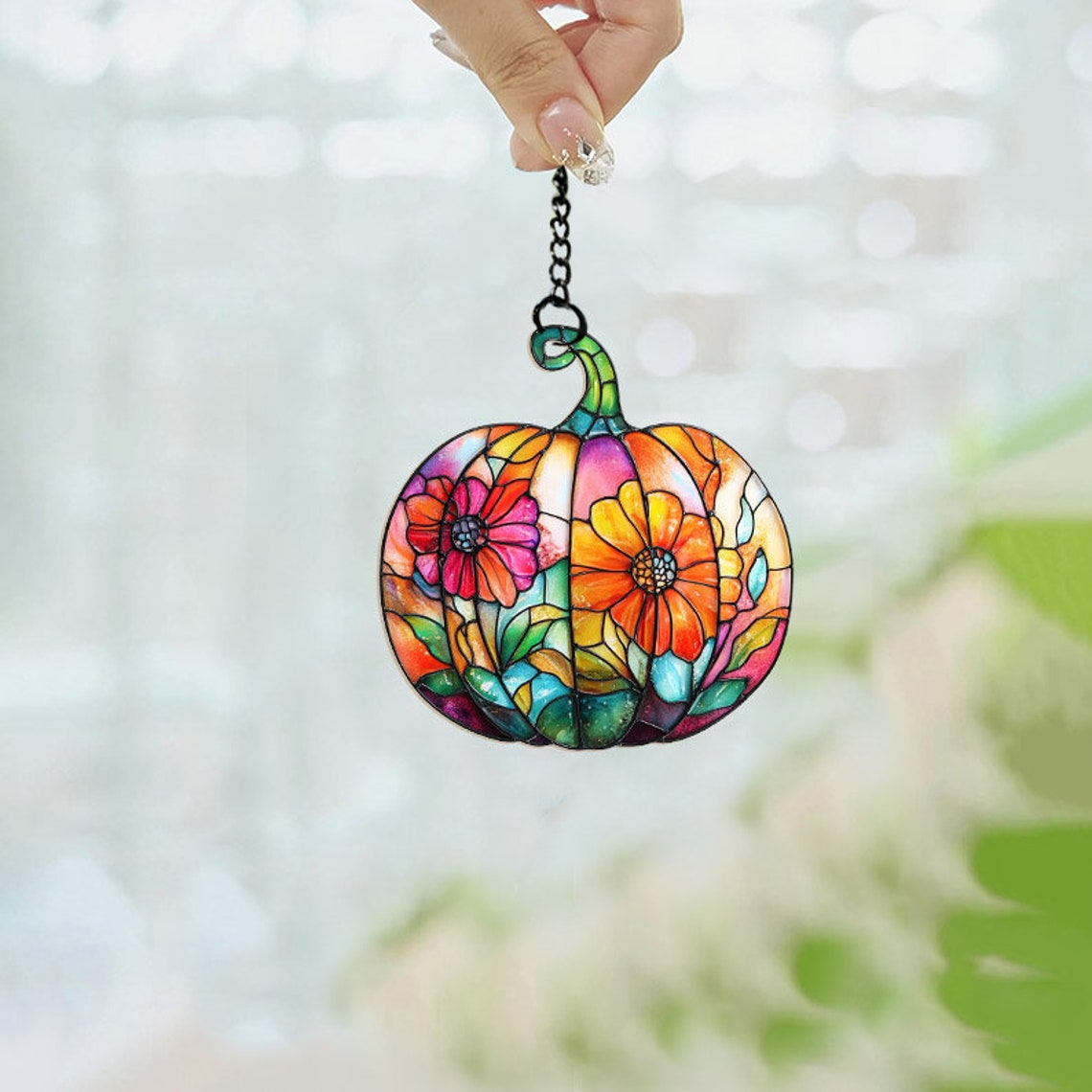 Pumpkin Flowers Suncatcher Ornament, Halloween Pumpkin Home Decor