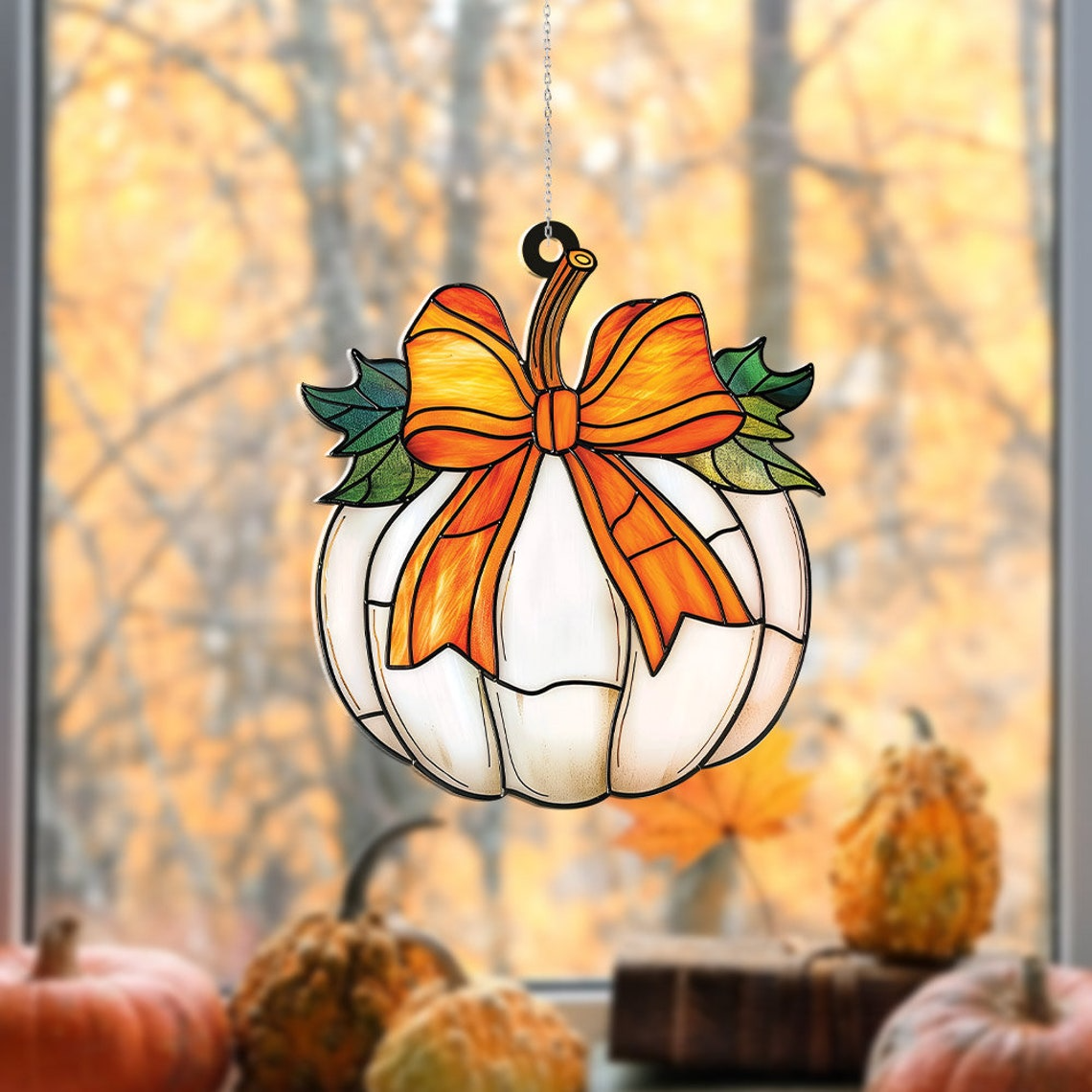 Pumpkin Bow Suncatcher Decor, Halloween Bow Pumpkin Fall Ornament