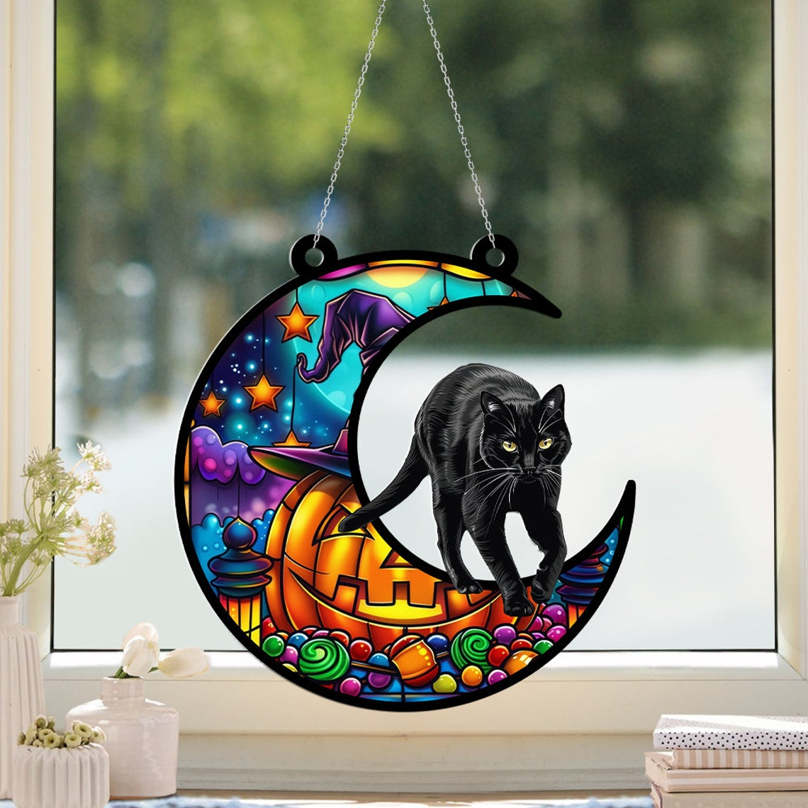 Cat on the Moon Pumpkin Suncatcher, Halloween Cat Pumpkin Hanging Ornament