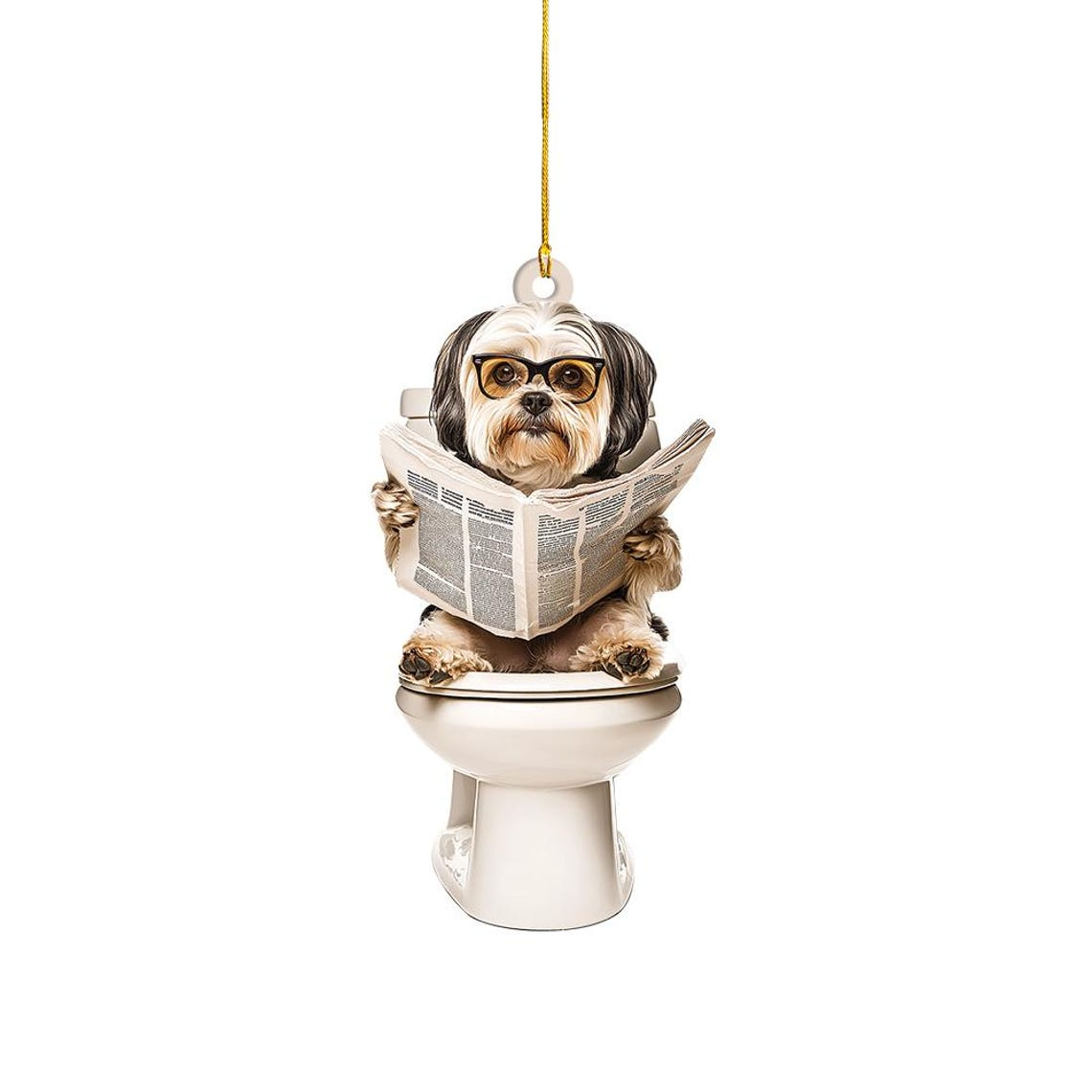 Havanese Dog Sitting On Toilet Ornament, Havanese Dog Reading Newspaper Christmas Ornament