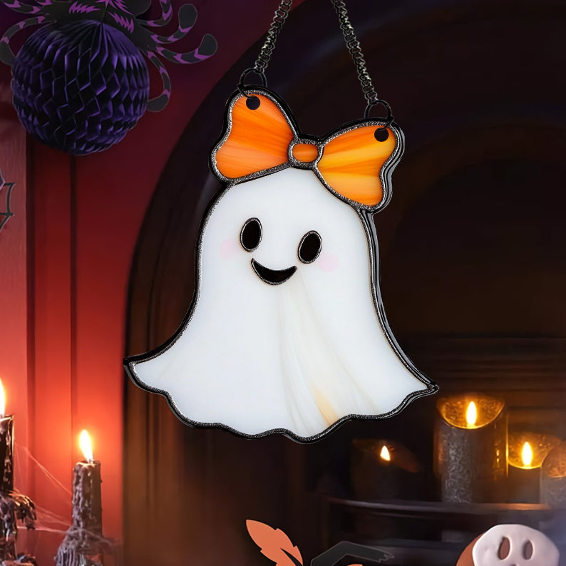 Cute Girl Ghost With Bow Orange Halloween Suncatcher, Cute Ghost Window Hanging Decor,