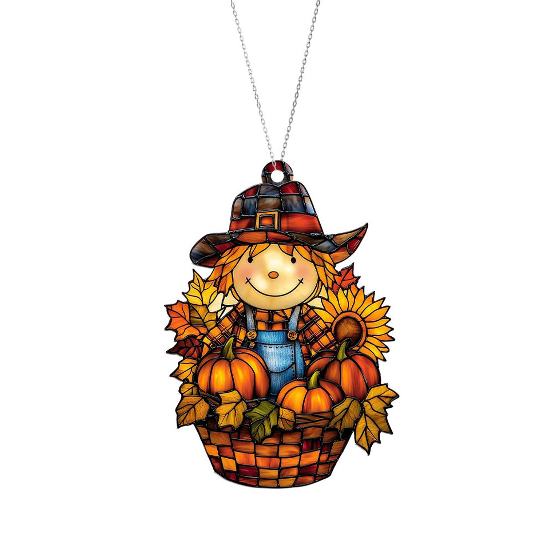 Scarecrow Boy Autumn Suncatcher, Scarecrow Pumpkin Hanging Ornament