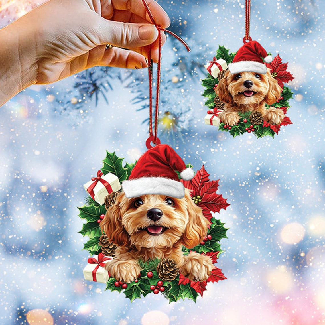 Cockapoo Dog Hanging Christmas Wreath Ornament, Cockapoo Dog Car Christmas Ornament Gift