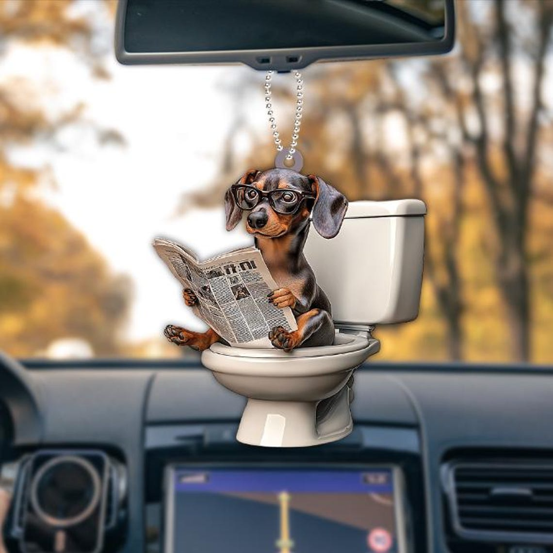 Dachshund Dog Sitting On Toilet Ornament, Dachshund Dog Reading Newspaper Hanging Ornament