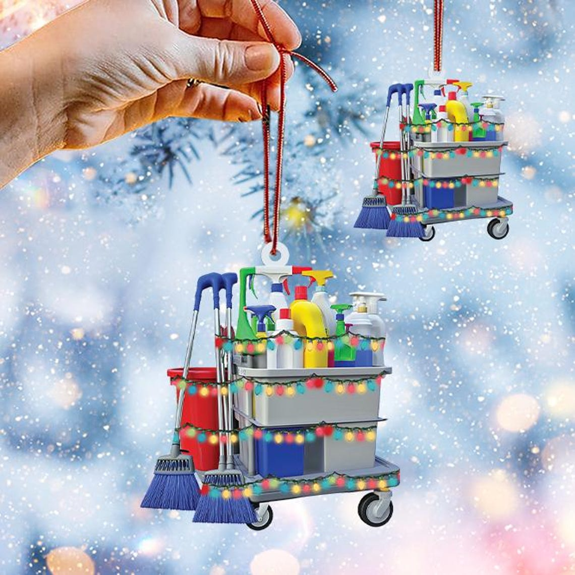 Ornament Cleaning Services Hanging Christmas, Janitor Cleaning Trolley Christmas Ornament