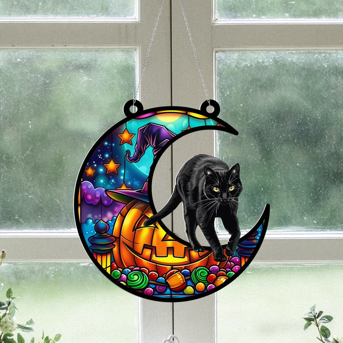 Cat on the Moon Pumpkin Suncatcher, Halloween Cat Pumpkin Hanging Ornament