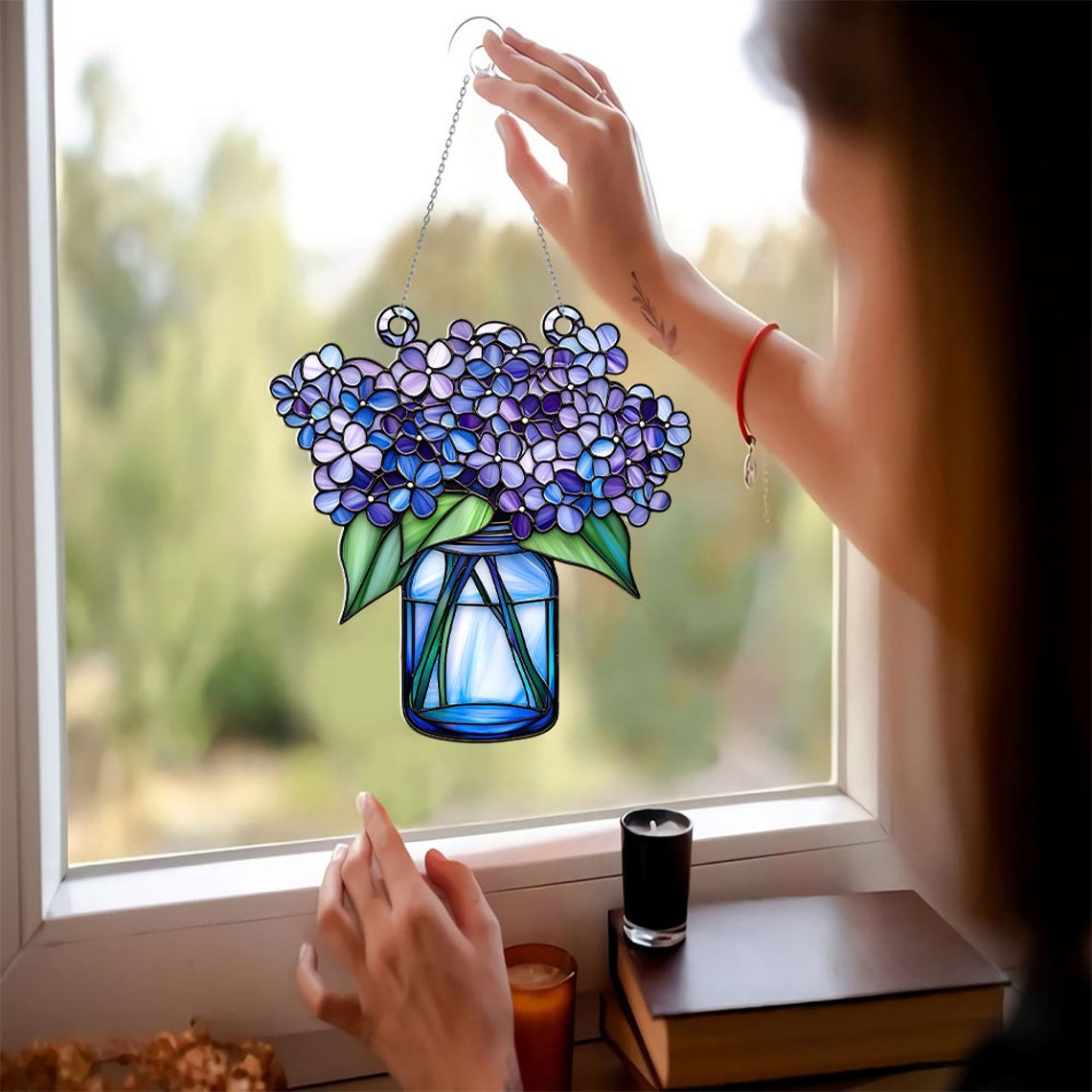 Lilac Flowers of Jar Suncatcher Ornament, Lilac Flower Acrylic Window Hanging Decor Home