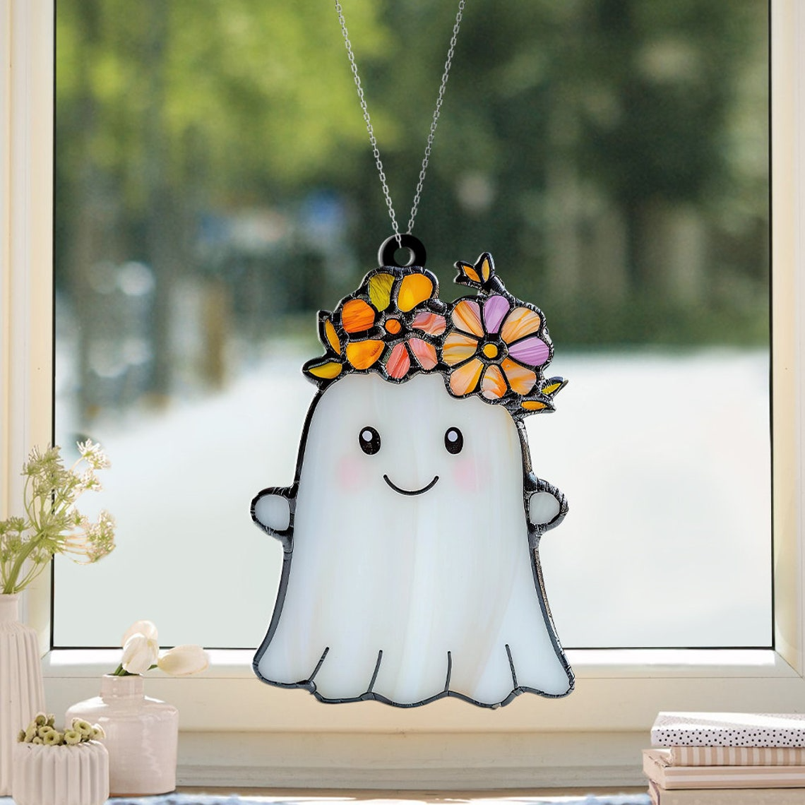 Cute Ghost With Flowers Crown Pretty Suncatcher, Ghost Flower Hanging Ornament