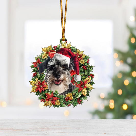 Schnauzer Dog and Christmas Wreath Hanging Ornament, Dog Hanging Ornament Decor Gift