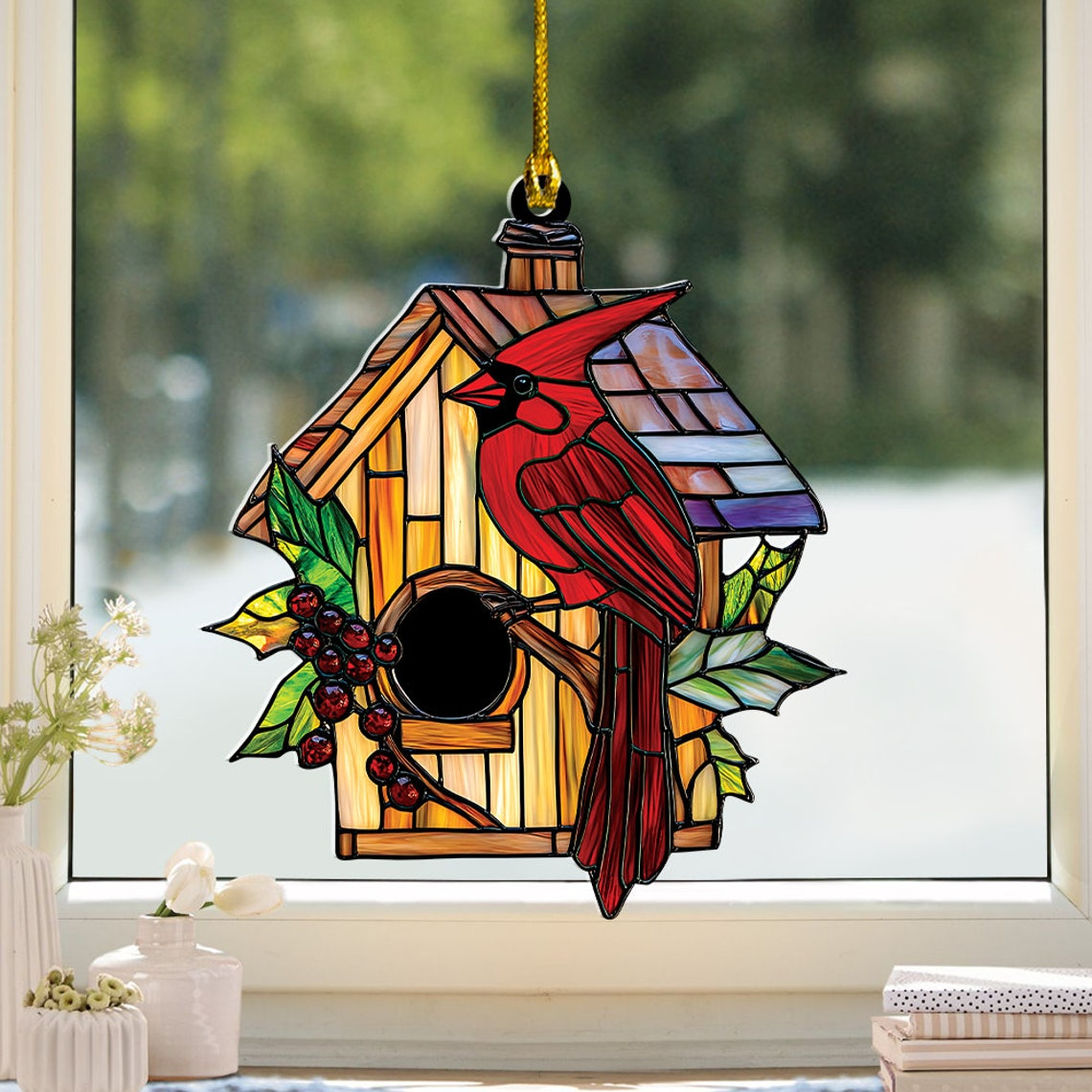 Cardinal Window Suncatcher Ornament, Cardinal Winter Ornament Decor