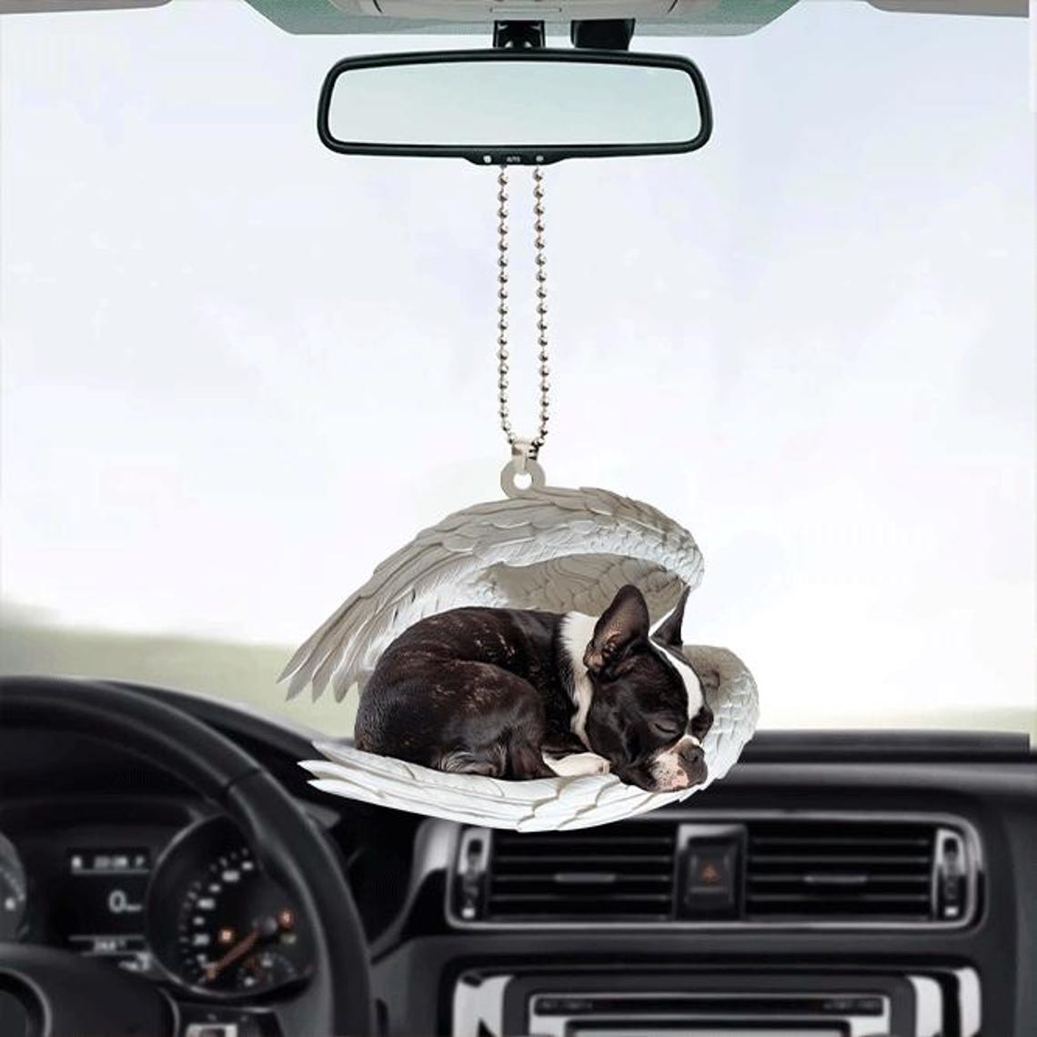 Cute Boston Terrier Dog Angel Wings Car Ornament, Christmas Dog Sleeping Angel Ornament Gift