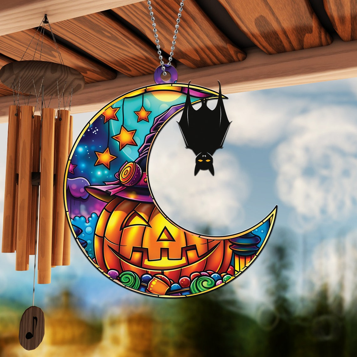 Bat on the Moon Pumpkin Halloween Hanging Suncatcher, Halloween Bat Moon Ornament