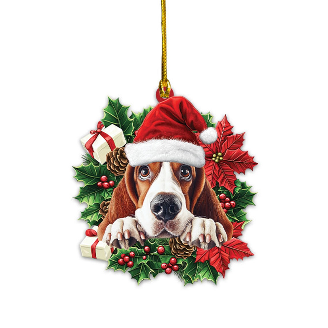 Basset Hound Dog Christmas Wreath Ornament, Unique Basset Hound Dog Christmas Ornament Decor