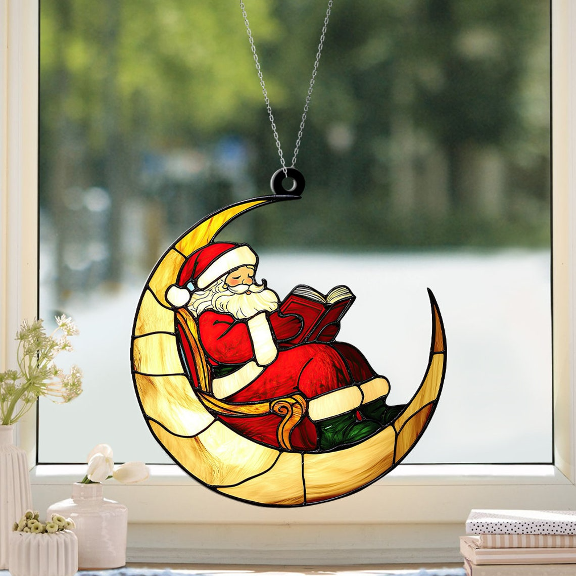 Santa Reading Books on The Moon Suncatcher Ornament, Santa Claus Christmas Suncatcher