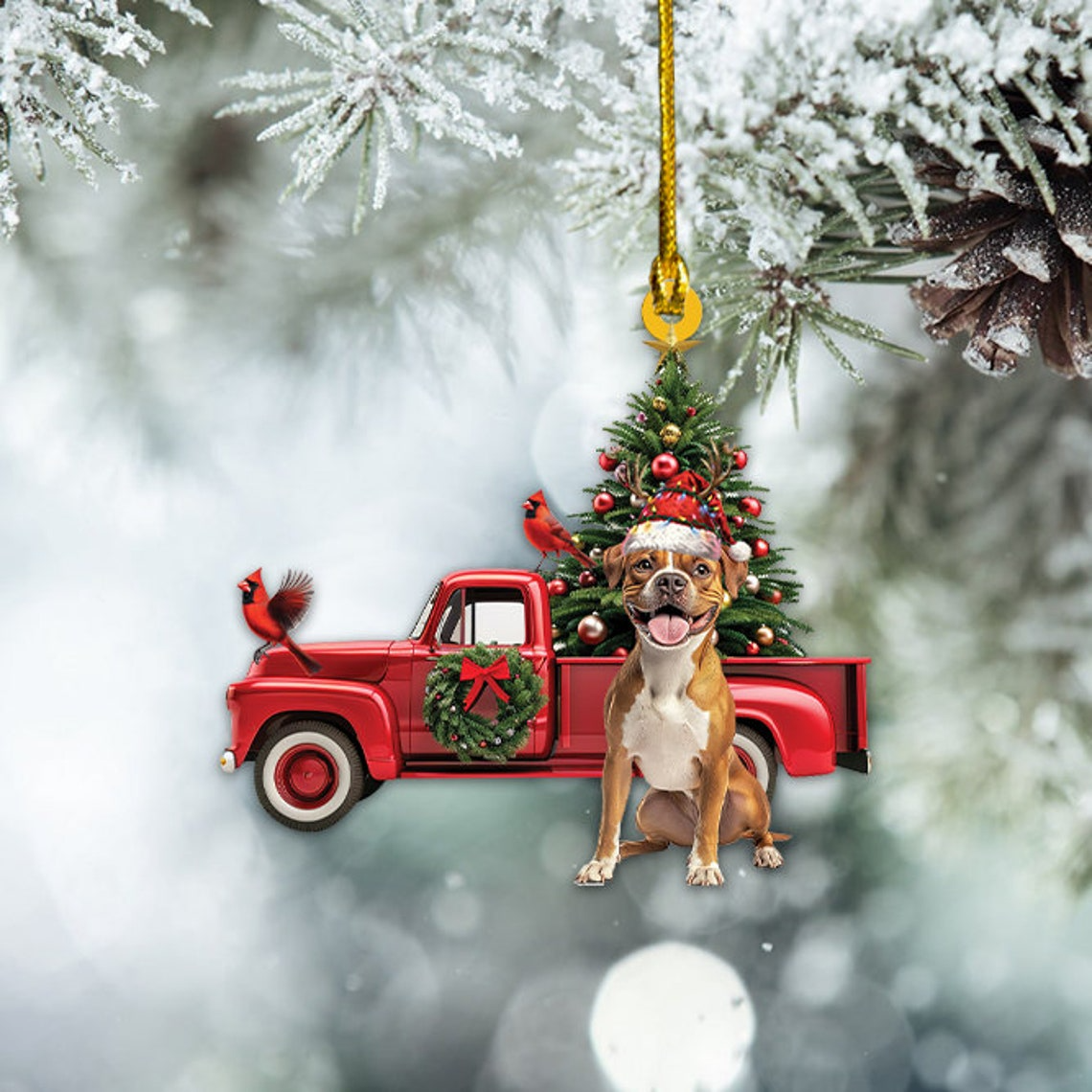 Boxer Dog Red Truck Hanging Christmas Ornament, Boxer Dog Rearview Mirror Car Ornament Decor