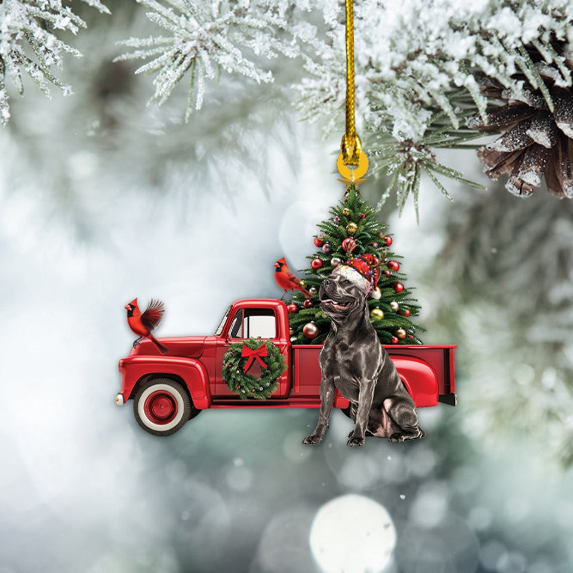 Cane Corso Dog Red Truck Ornament Decor, Cute Dog and Red Truck Christmas Ornament Gift