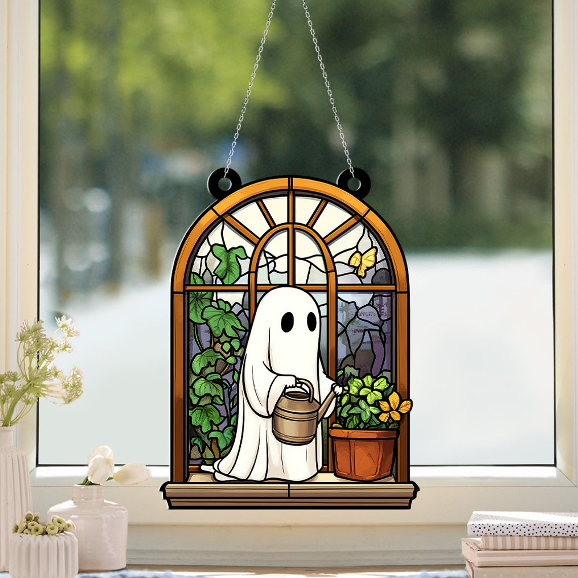 Cute Ghost Planting Halloween Suncatcher, Cute Ghost At Greenhouse Home Decor