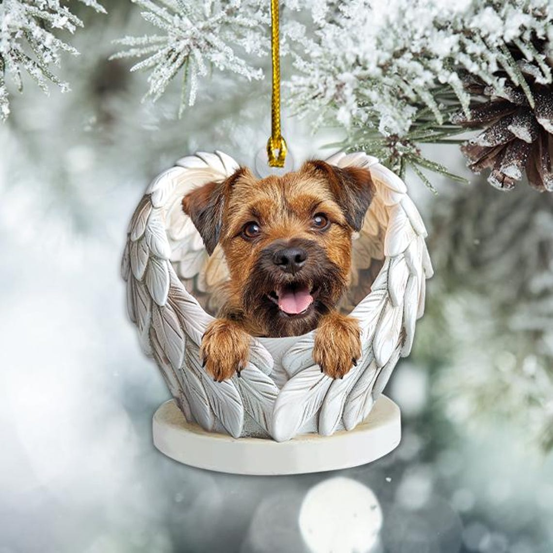 Christmas Border Terrier Dog Angel Wings Hanging Ornament, Border Terrier Dog Flat Christmas Ornament Decor Gift