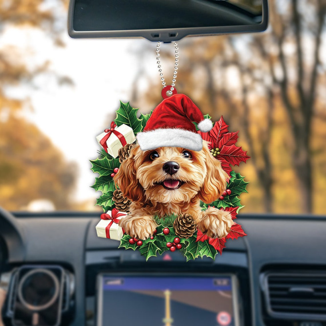 Cockapoo Dog Hanging Christmas Wreath Ornament, Cockapoo Dog Car Christmas Ornament Gift