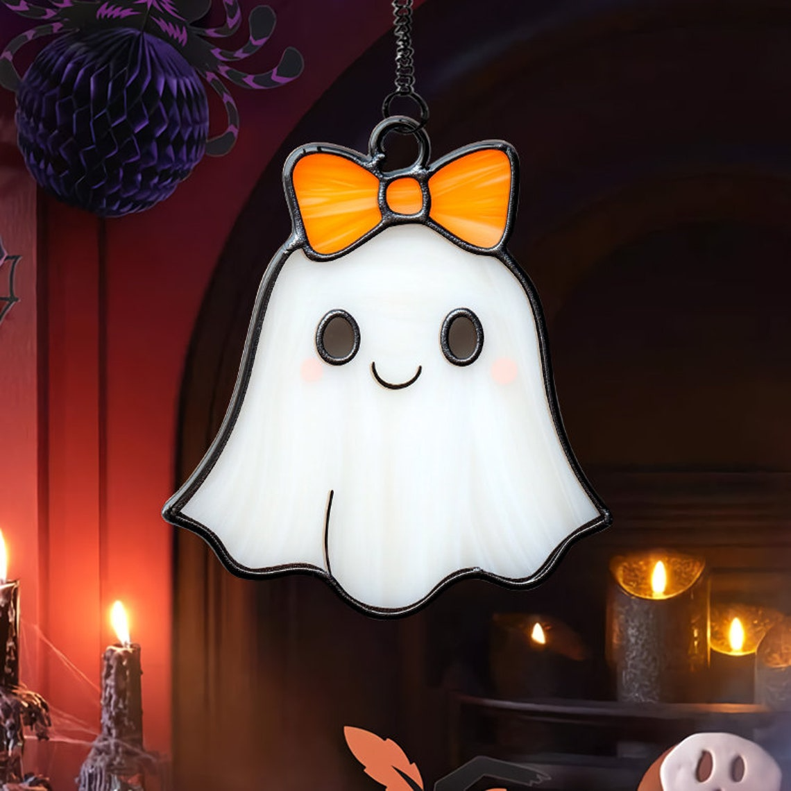 Pretty Girl Ghost With Bow Suncatcher, Halloween Ghost Window Hanging Ornament