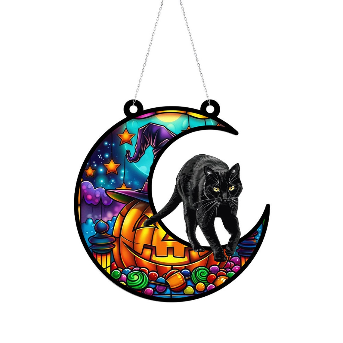 Cat on the Moon Pumpkin Suncatcher, Halloween Cat Pumpkin Hanging Ornament