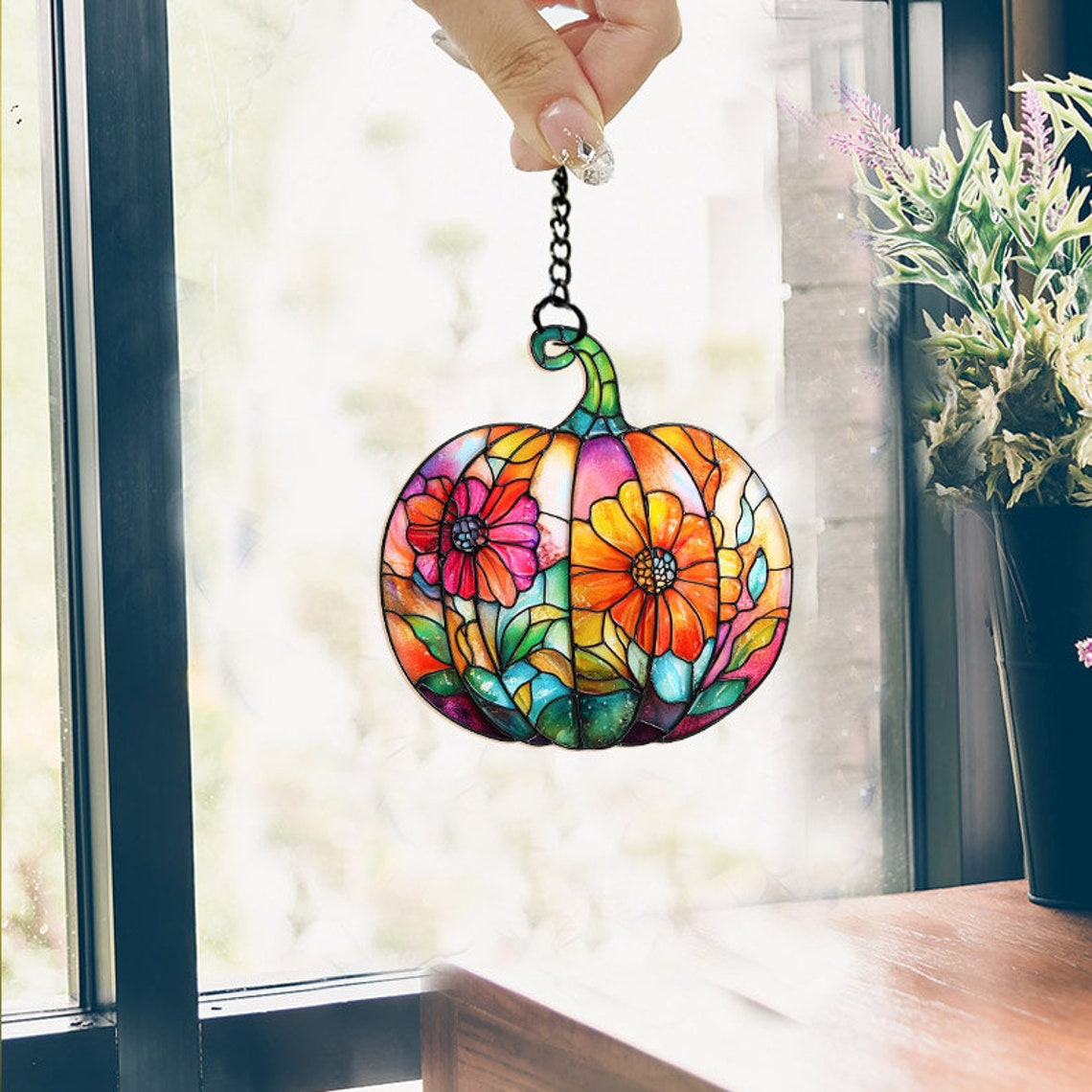 Pumpkin Flowers Suncatcher Ornament, Halloween Pumpkin Home Decor