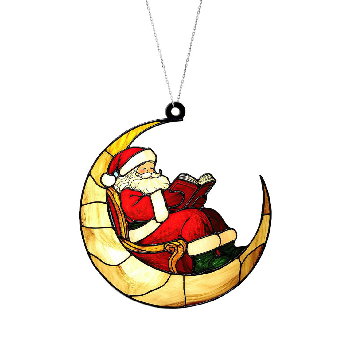 Santa Reading Books on The Moon Suncatcher Ornament, Santa Claus Christmas Suncatcher