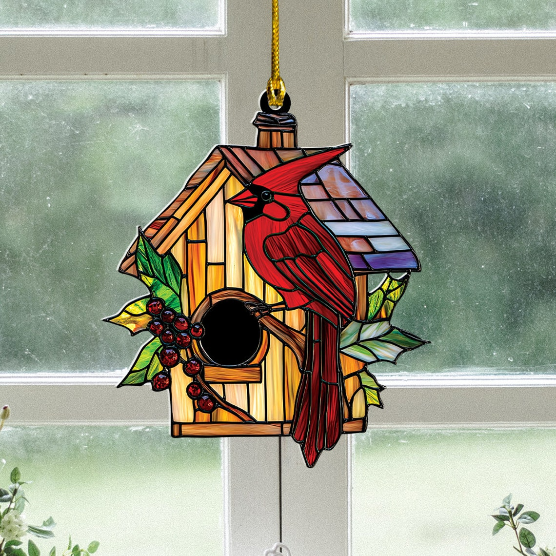 Cardinal Window Suncatcher Ornament, Cardinal Winter Ornament Decor