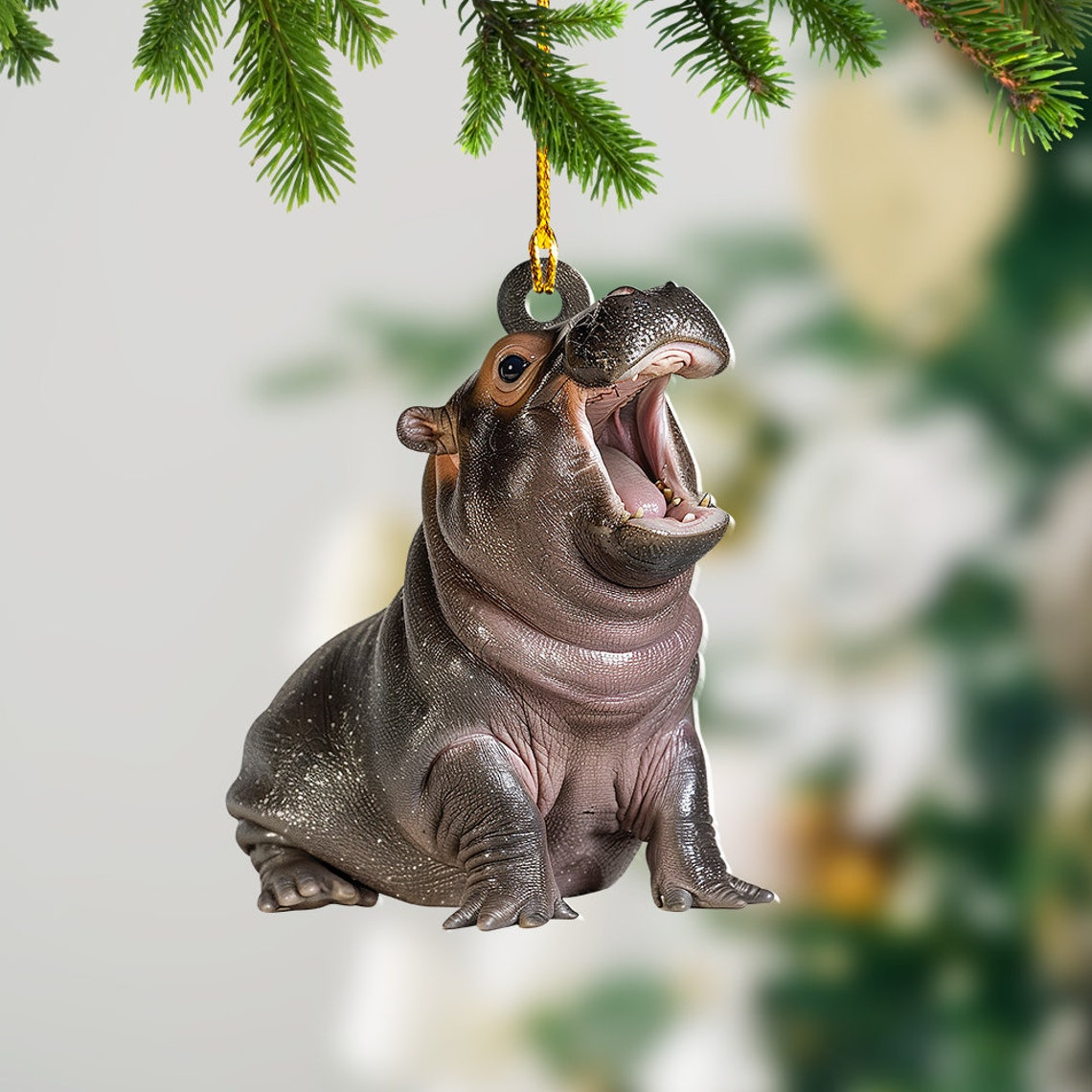 Christmas Baby Hippo Moo Deng Flat Car Ornament, Pygmy Hippo Rearview Mirror Car Ornament, Hippo Funny Hanging Christmas Ornament Decor Gift